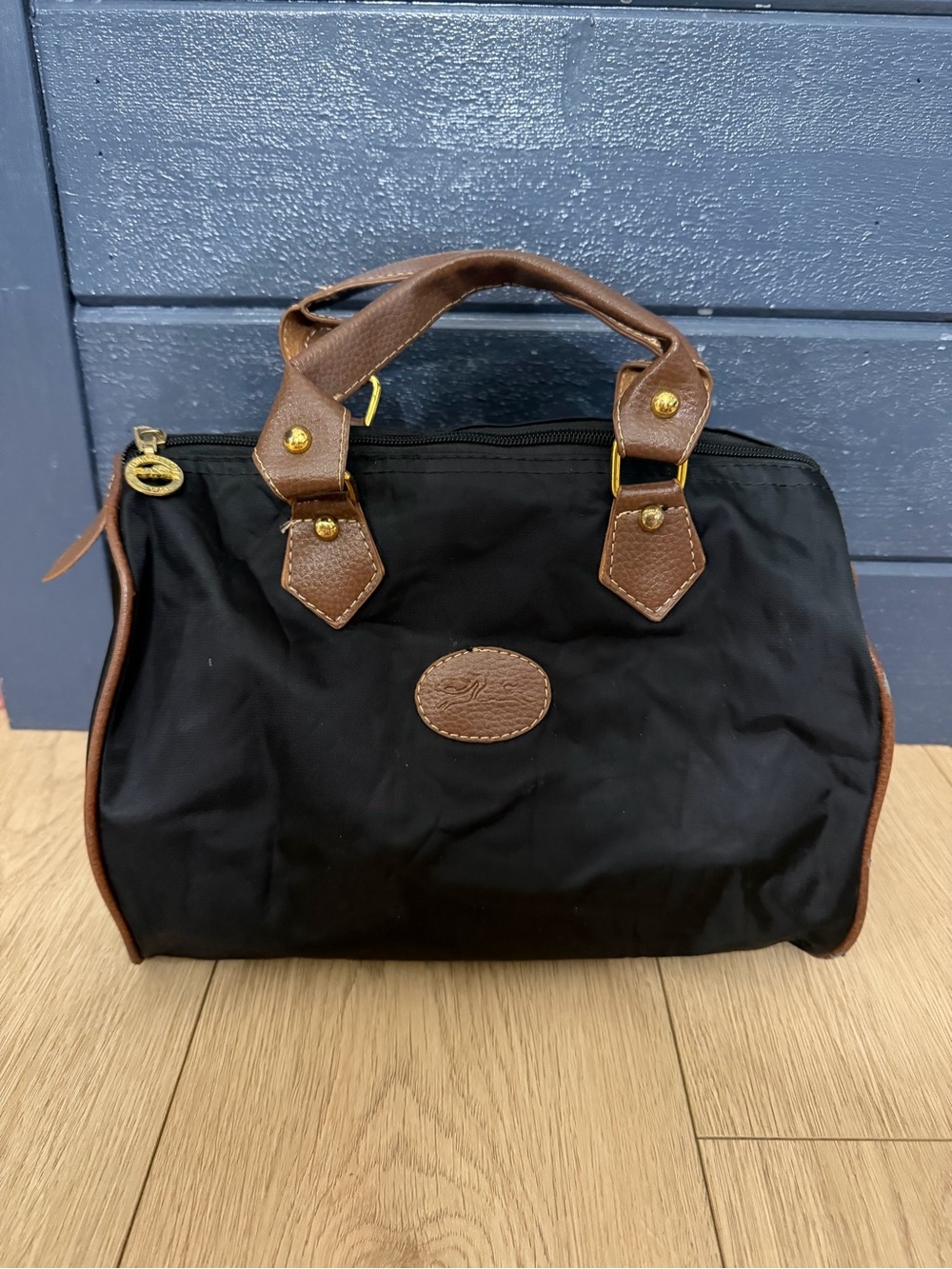 Black Nylon Satchel with Brown Leather Trim